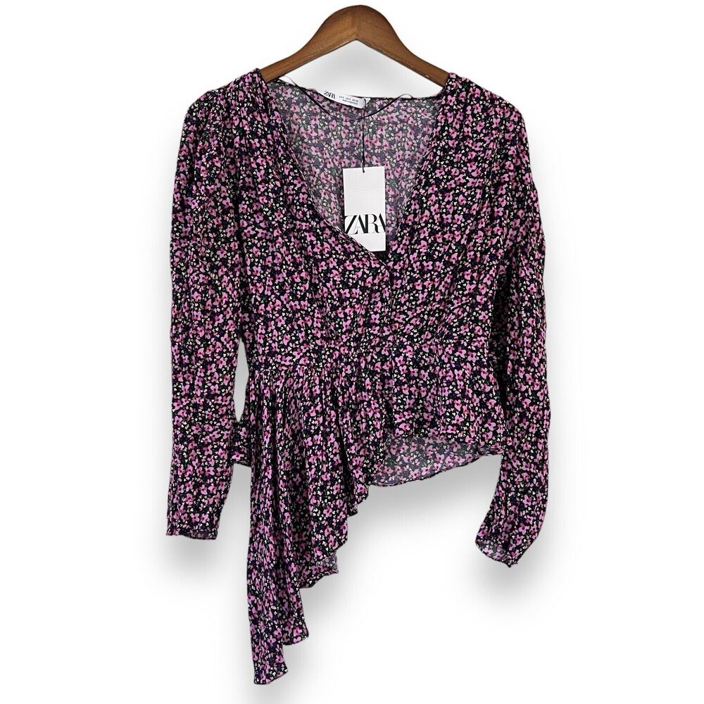 NWT ZARA Floral Wrap Blouse S Asymmetrical Ruffle Peplum Purple Puff Sleeve
